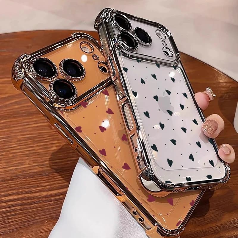 Heart-shaped iPhone case for models 17, 16, 15 Pro Max Plus, 11, 12, 13, 17 Air, 16e, with airbag, electroplated and transparent edge