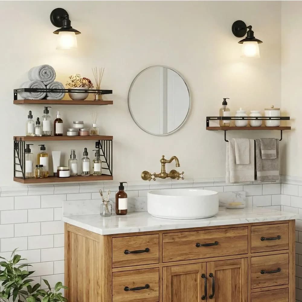 Mensola da bagno a 3 livelli a parete, mensola galleggiante in legno rustico con portasciugamani per il bagno