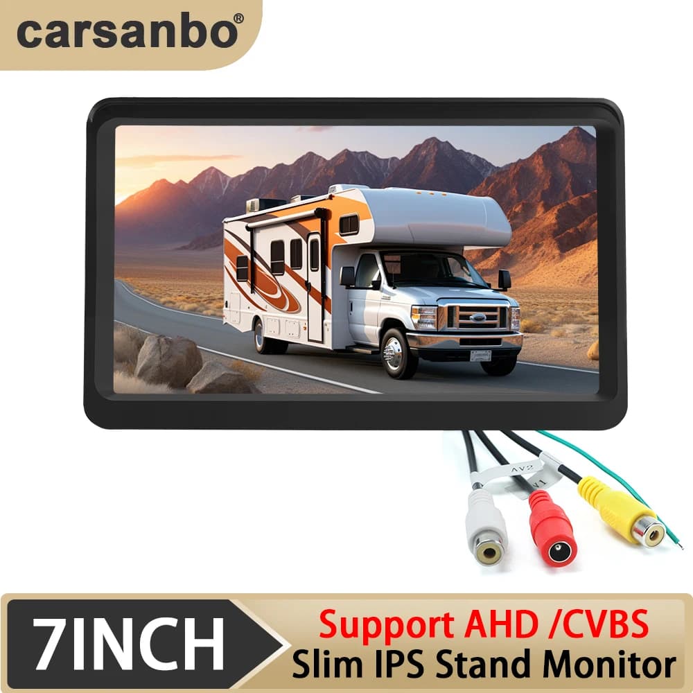 Carsanbo Car 7" TFT LCD Monitor with DIY Parking Line 2 AV and 1 RCA Input Rotatable Screen Slim IPS Stand Monitor Display