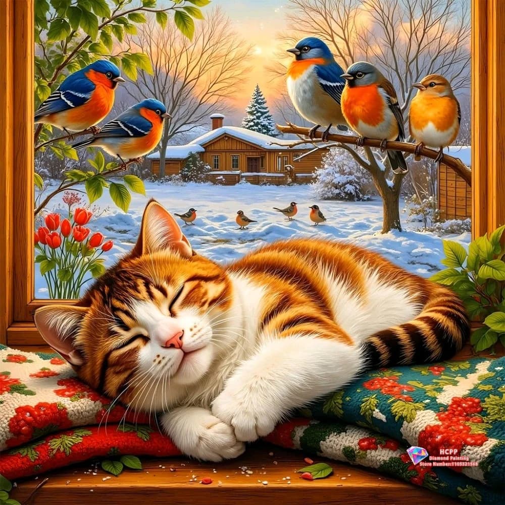 5D DIY DIY Painting Set with Sleeping Cat and Winter Birds, Square Diamonds and Rounds, Home Decorations and Gifts