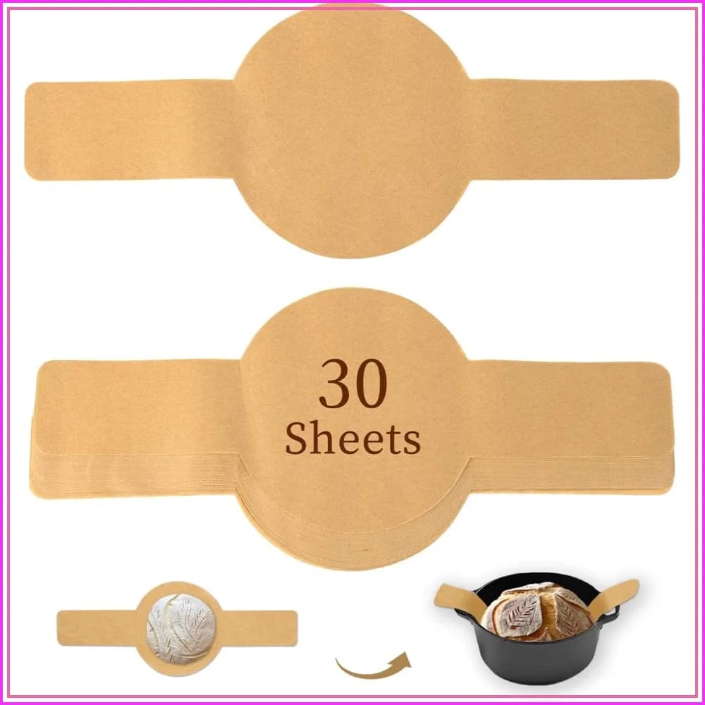 Sourdough Parchment Paper for Dutch Oven, Disposable Bread Baking Mat with Long Handles, 30 Pcs Unbleached Parchment Sling for Air-Fryer