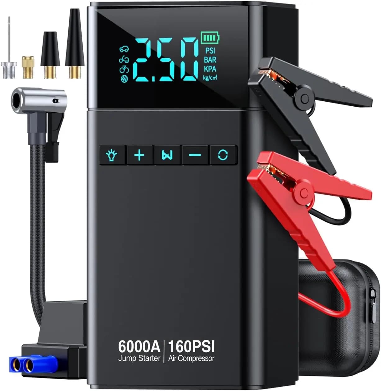 Avviatore portatile 10 in 1 per batteria per auto con compressore d'aria, 6000 A 160 PSI per tutti i veicoli a gas e diesel
