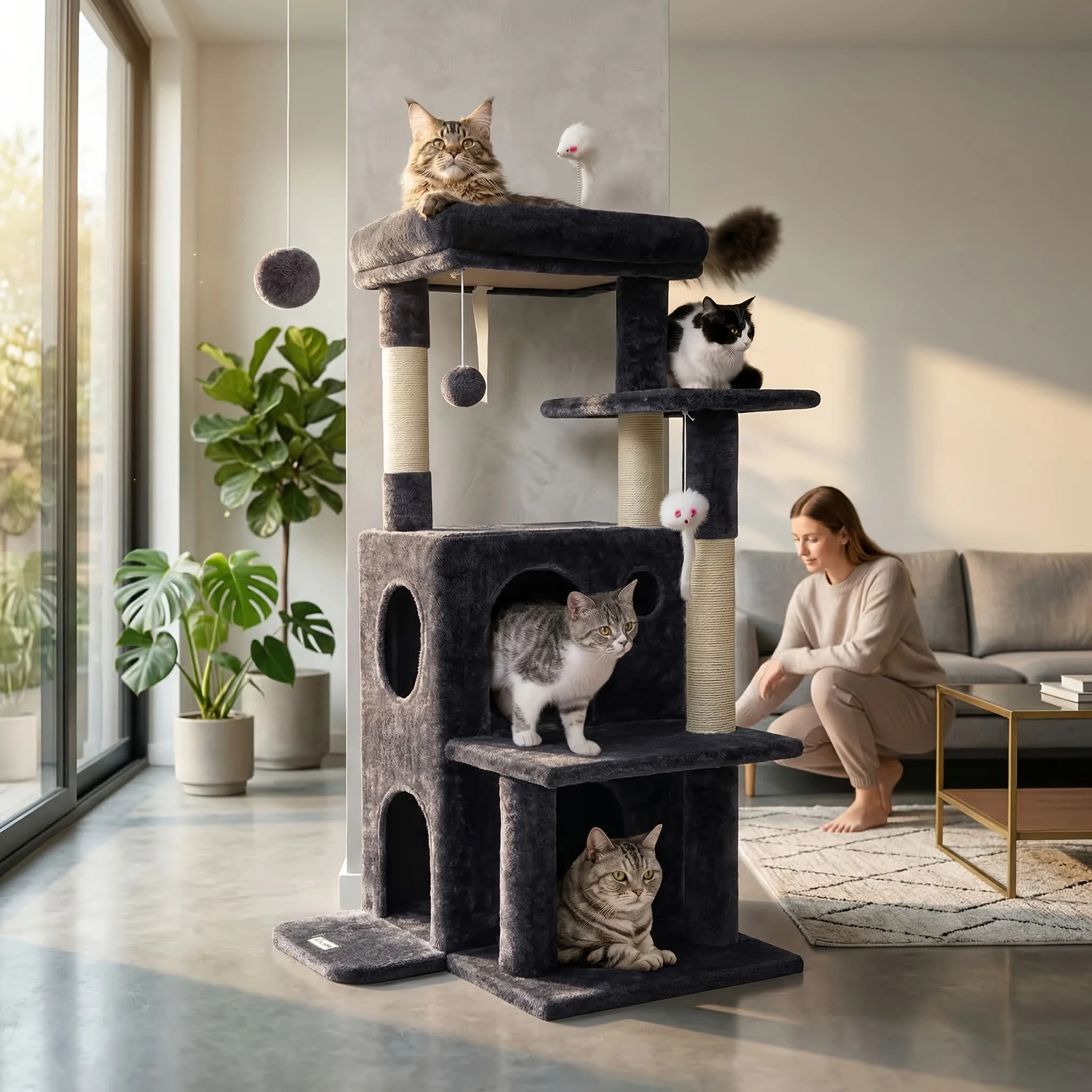 Albero per Gatti Resistente da 52/64/80 Pollici, Adatto a Gatti Grandi e Piccoli, con 3/5 Posti per Tirare, Piattaforme Multilivello, Cuccia Accogliente