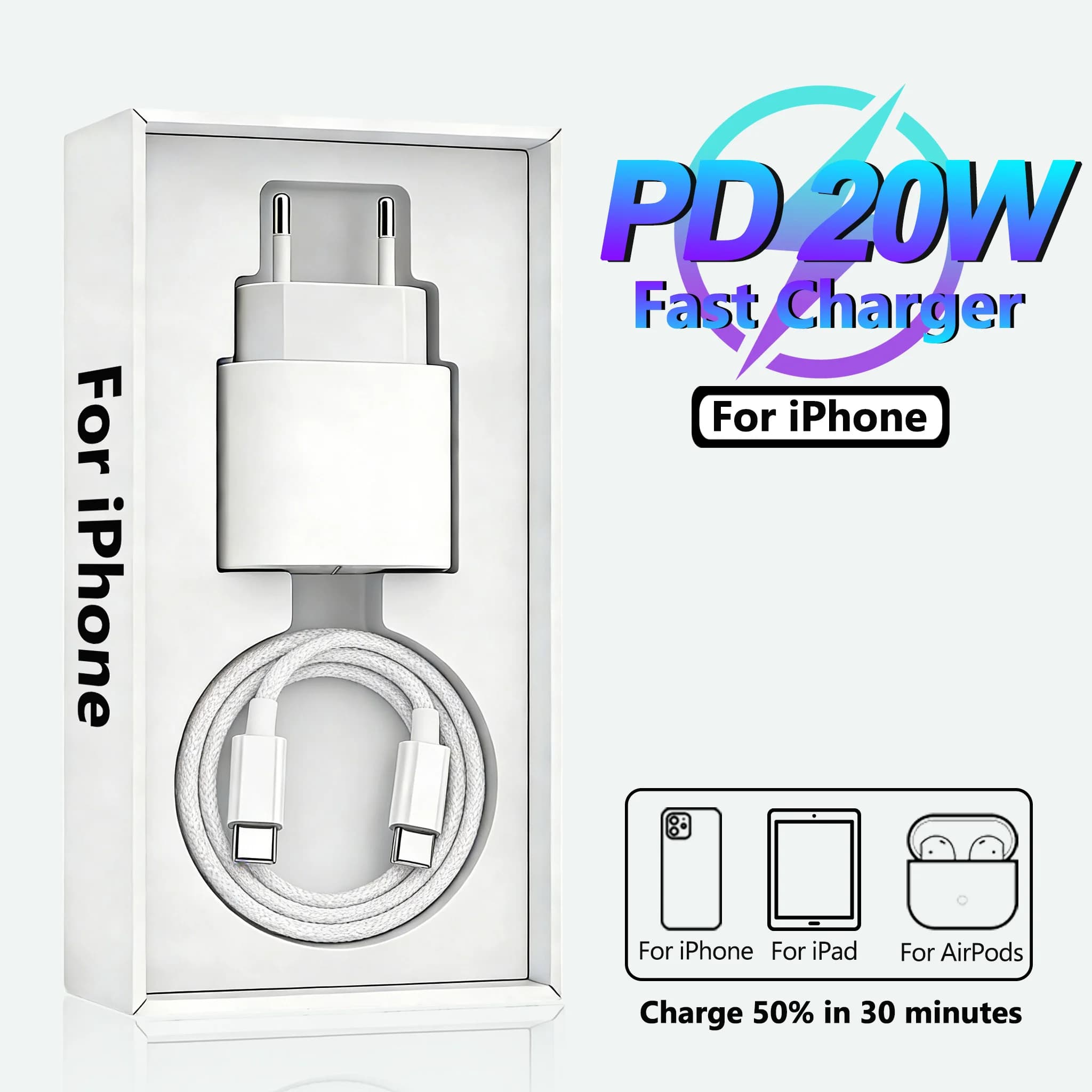 PD 20W Per Apple Caricatore Veloce Per iPhone 17 16 15 14 13 12 Tipo C Cavo di Ricarica Rapida Per iPad Per AirPods EU US Spina Adattatore