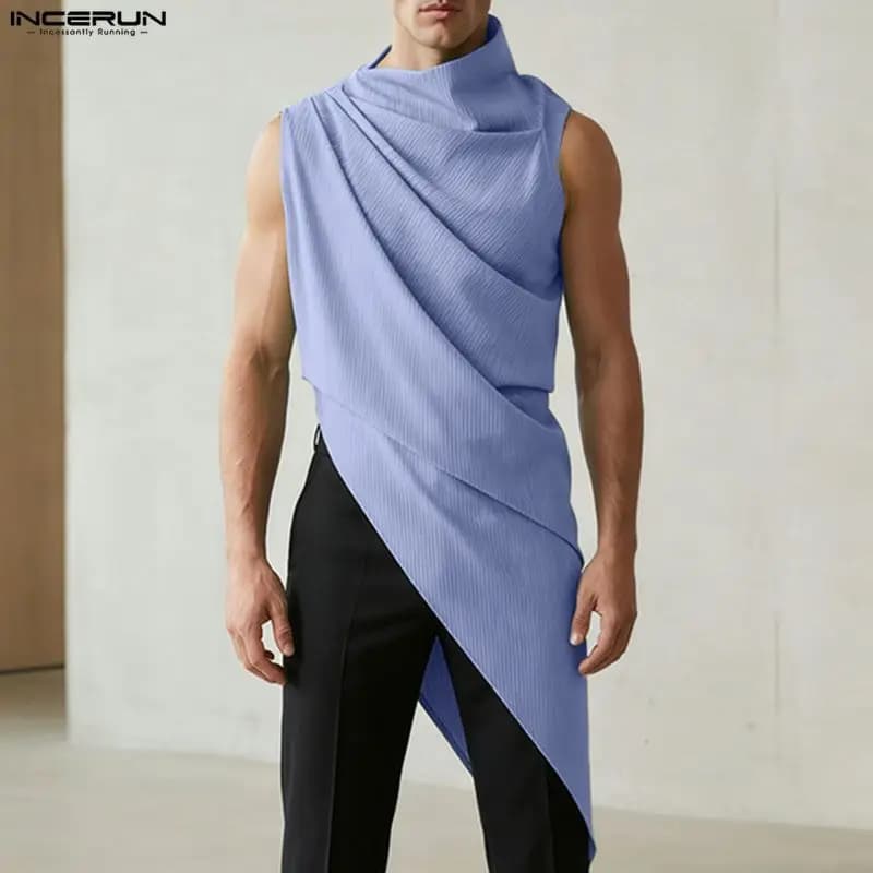 INCERUN Canotte da Uomo a Righe con Collo Alto Senza Maniche, Gilet Plissettati da Uomo, Streetwear 2026, Moda Casual, Abbigliamento Maschile, Top Irregolari