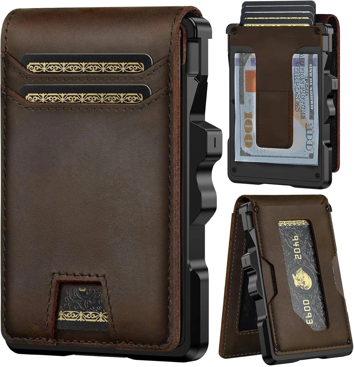 Portafoglio sottile RFID in vera pelle da uomo con fermasoldi - Porta carte minimalista da tasca frontale - Regalo di compleanno o anniversario