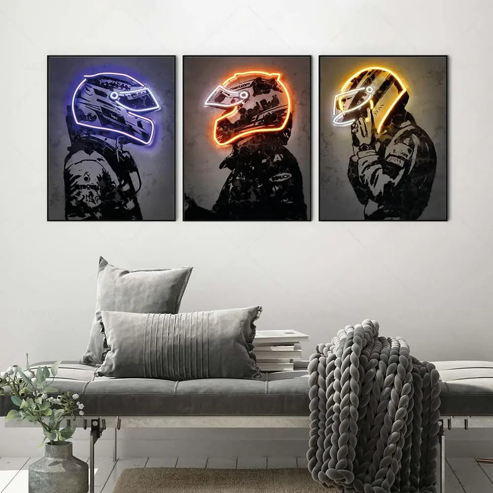 Driver da corsa di Formula 1 con casco al neon Wall Art Canvas Painting Stampa Moto Racing F1 Poster Immagine sportiva Home Bar Decor