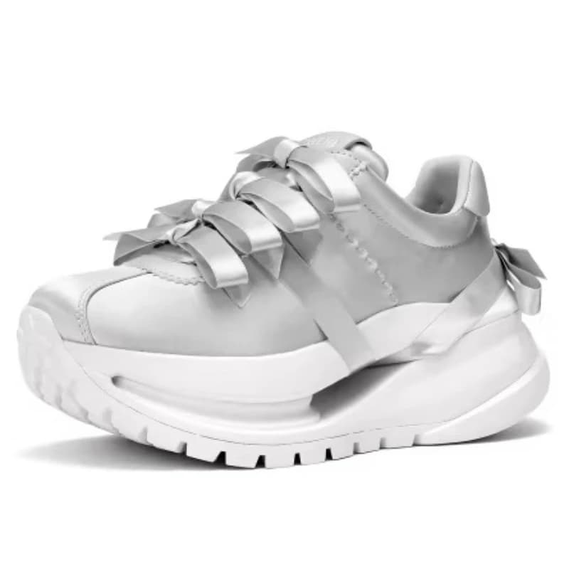 Bow Ribbon Silvery White Dad Shoes for Women's Genuine Leather Silk Cloth Chunky Sneakers Height Increasing Casual Sports Shoes