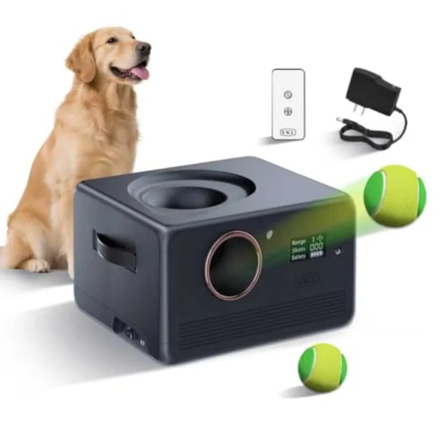 Lanciatore Automatico di Palline per Cani Pro e Sparapalline da Tennis con Telecomando, Schermo Display, Distanze 10/20/28ft, Doppio Scomparto di Stoccaggio