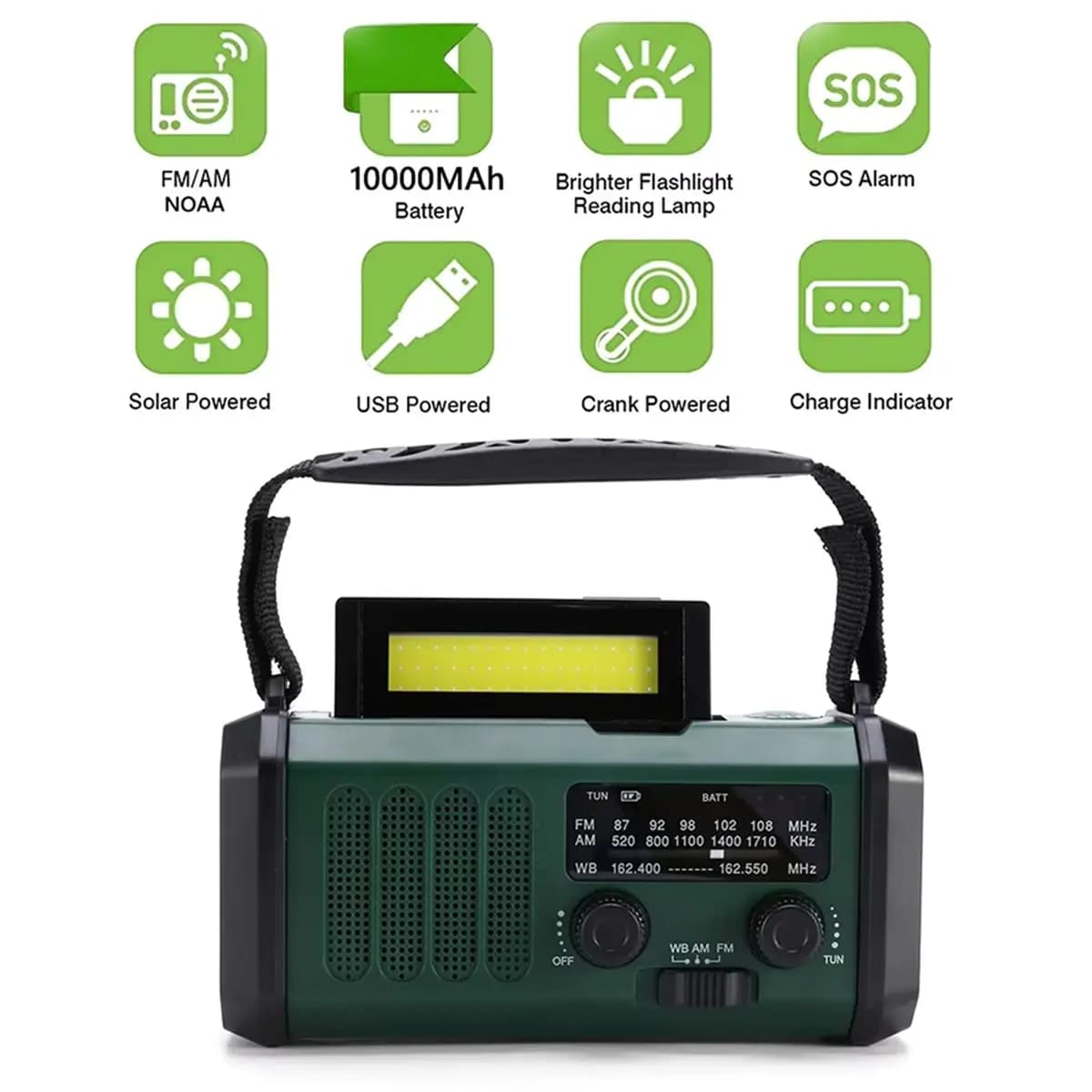 Nuova Power Bank LED di Emergenza con Torcia e Lampada da Lettura 10000mAh, Radio Solare con Caricatore Type-C