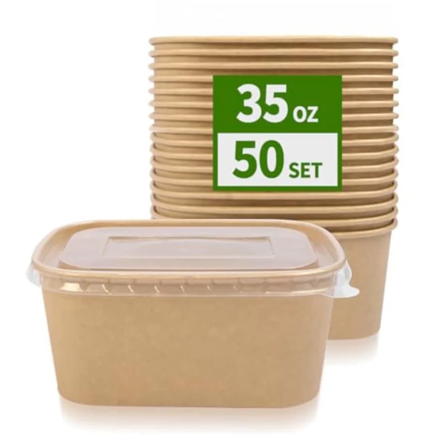 Confezione da 50 Contenitori in Carta da 35 oz con Coperchi, Adatti per Microonde e Congelatore, Contenitori Monouso per Preparazione Pasti
