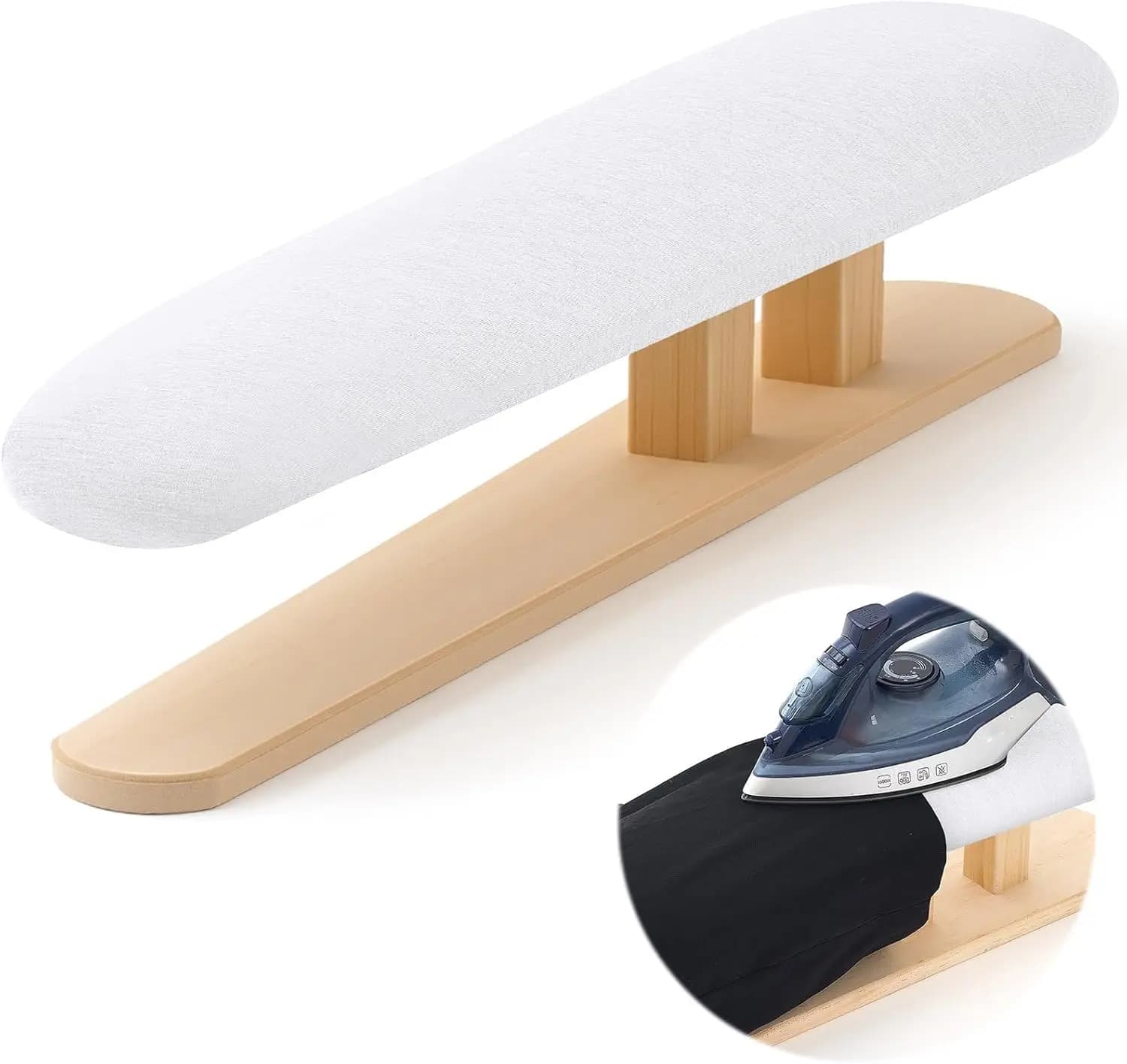 Asse da stiro imbottita 57x13cm per maniche e petto, da tavolo, con base in legno lunga