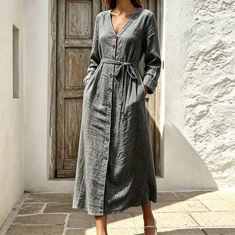 Autumn Long Sleeve Slim Boho Dresses Simple Casual Solid A-Line Maxi Dress Women Spring V Neck Single Breasted Belted Long Dress
