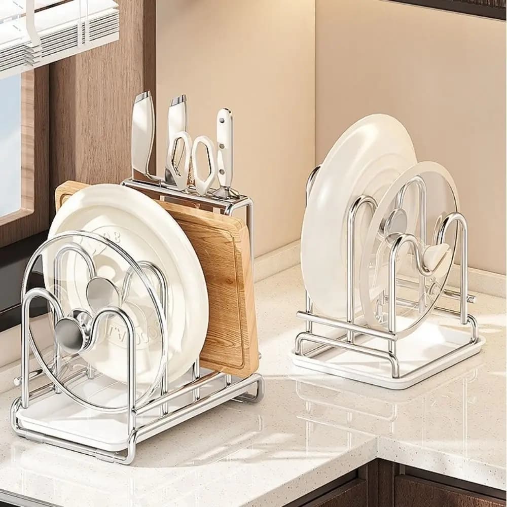 Portacoperchi Multistrato Durevole in Acciaio Inox Antiruggine, Porta Taglieri con Vassoio di Drenaggio, Scaffale Stabile per Coperchi e Pentole