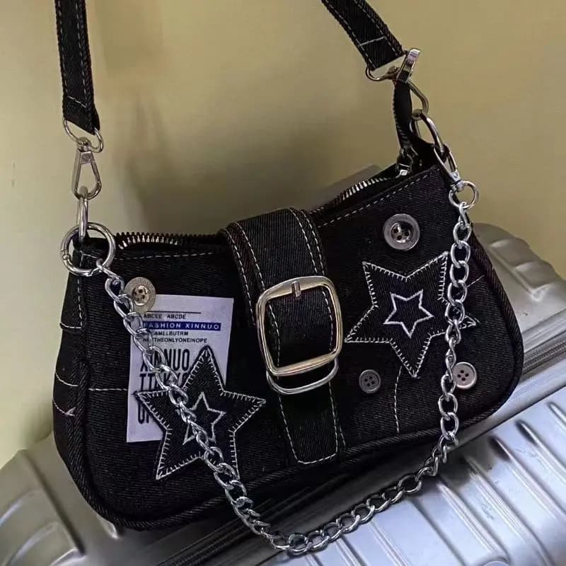 Y2K Millennium Star Denim Borsa sotto le ascelle Faion Trend Design piccolo Borsa a mezzaluna Borsa in tela Borsa a catena Abbinamento quotidiano