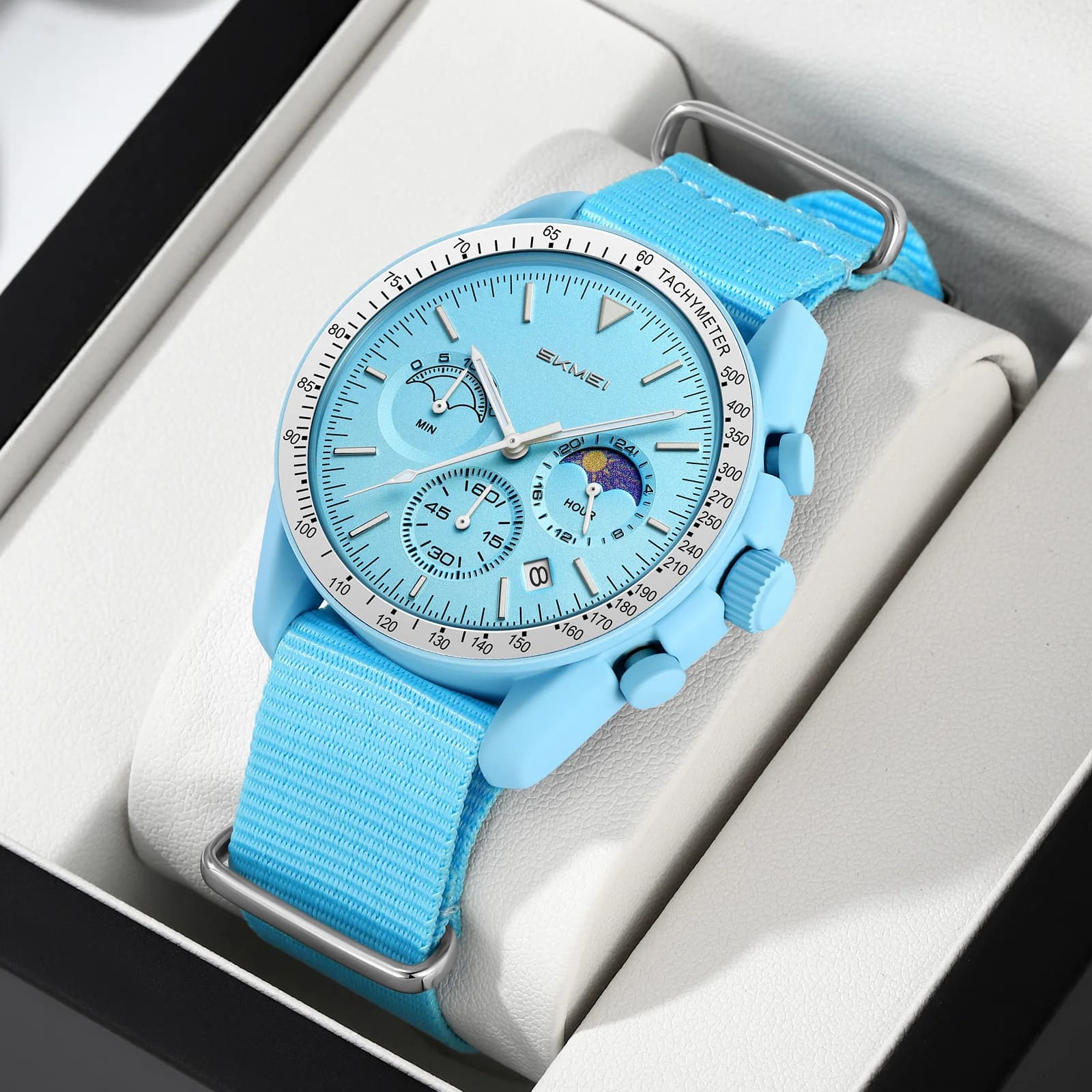 SKMEI 9392 Orologio da polso al quarzo alla moda da uomo, cronografo impermeabile fino a 30 m, con motivo Sole e Luna, design regolabile, timer con conto alla rovescia