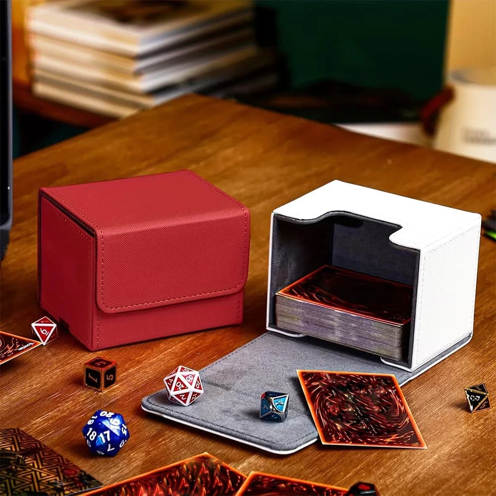 Card Deck Box , Card Storage Box Fits 100 single Sleeved Cards, PU Leather Strong Magnet Card Deck Case for TCG Cards