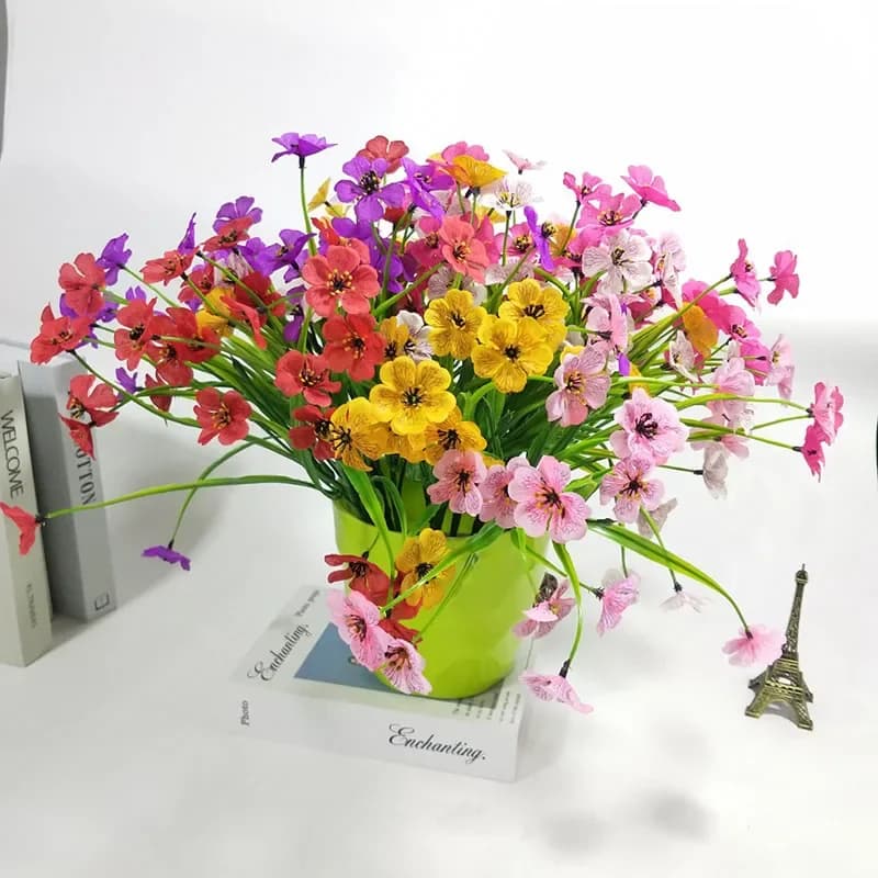 Set of 10 Pink Artificial Plants with 7 Coppers with Spring Grass and Camellia Plastic for Home Decoration, Office, Desk and Celebrations