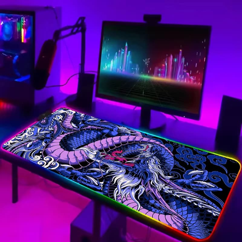 Japanese Dragon Mouse Mat XXL Keyboard Cover RGB Colorful Mouse Mat LED Light E-sport Mouse Mat Computer Gamer Glow Long Desk Mat