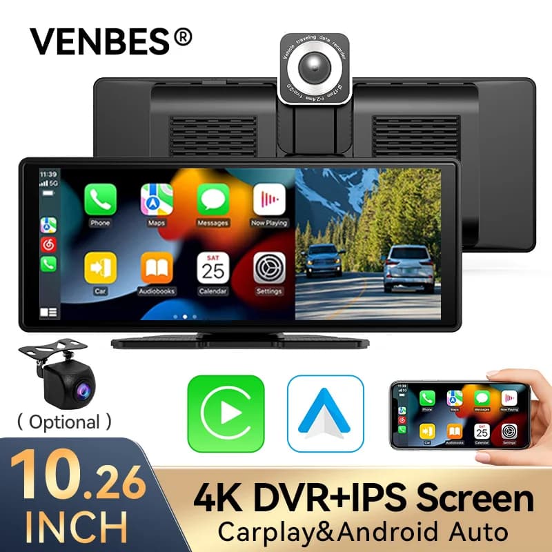 Autoradio VENBES con Carplay Wireless e Android Auto, Lettore Multimediale MP5 da 10,26 Pollici con DVR Integrato, IPS, WIFI