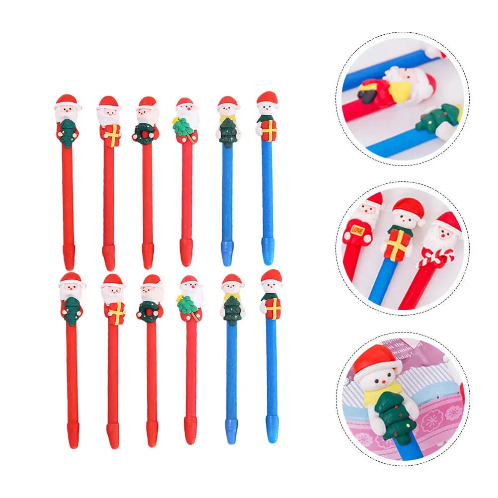 Set di 12 Penne a Sfera Creative a Tema Natalizio, Penne in Gel con Decorazioni in Argilla Polimerica, Cancelleria per Studenti, Regalo Carino di Babbo Natale