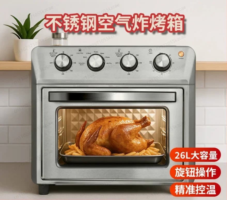25 litre household air frying oven, stainless steel toaster with visible window, convection counter oven 8 in 1