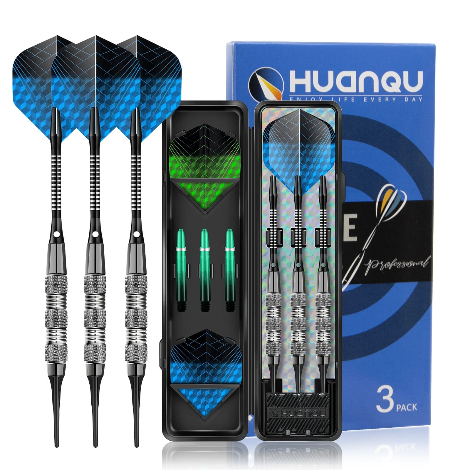 Set di freccette morbide Huanqu 16g, freccette elettroniche professionali per l'intrattenimento domestico e da bar, punte di sicurezza universali con alette e gambe di ricambio, scatola portatile, freccette per principianti, adulti, allenamento e competizione.
