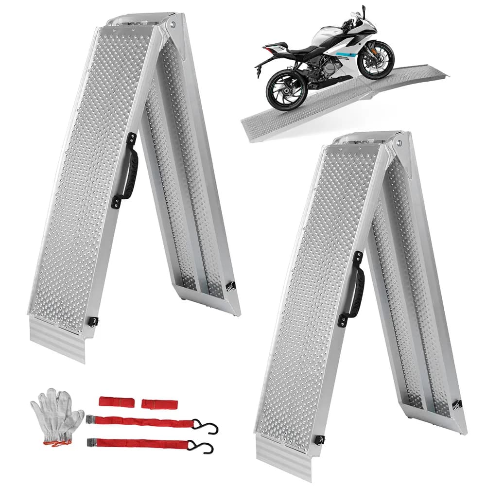 2 Pezzi Rampa per Moto in Alluminio da 85 Pollici con Maniglia, Rampa per Bici con Cinghie di Sicurezza e Guanti, Rampe di Carico Pieghevoli Resistenti