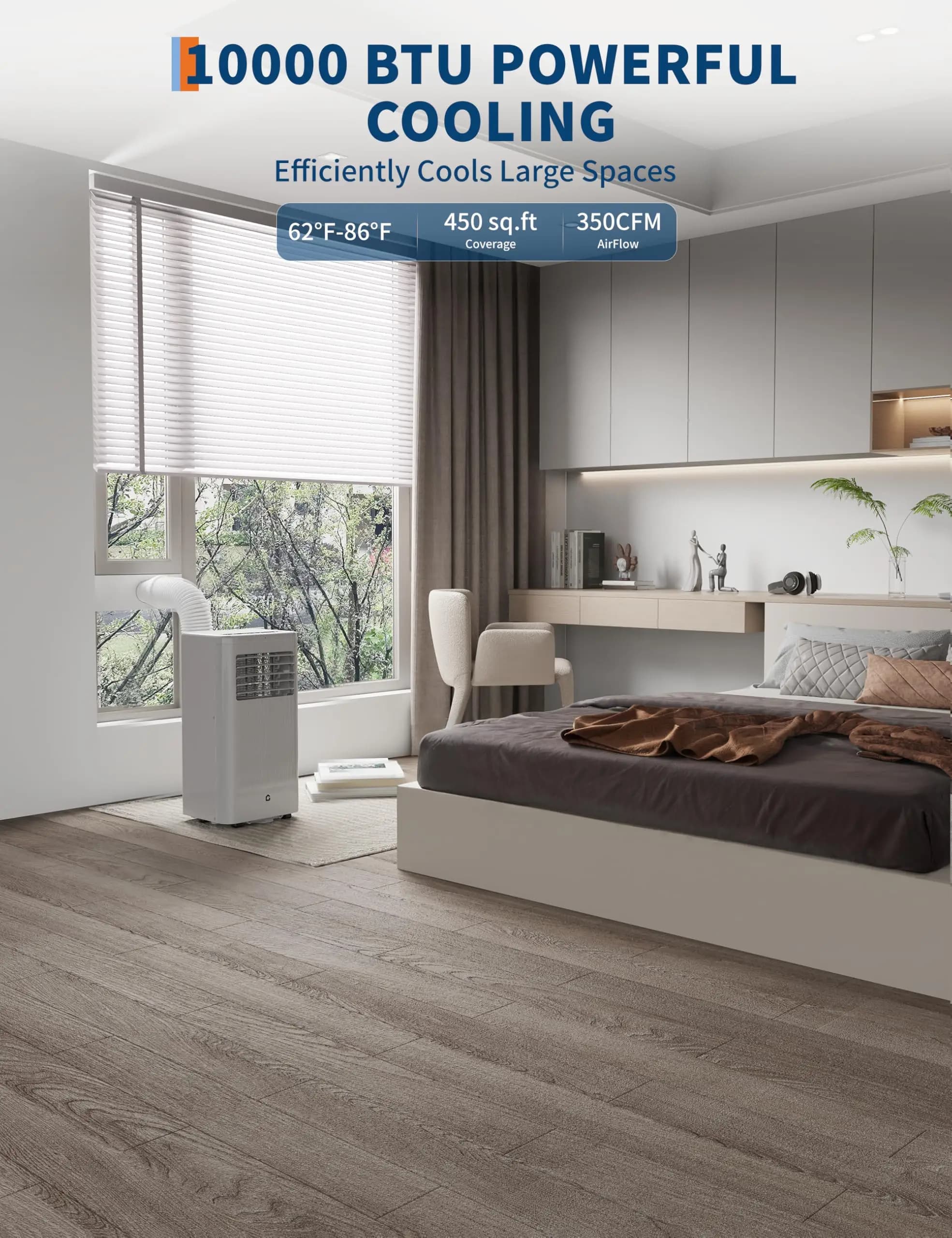 10000 BTU portable air conditioner, 3 in 1 device with cooling function, dehumidifier and fan for environments up to 450 square feet, silent unit with remote control and window kit.