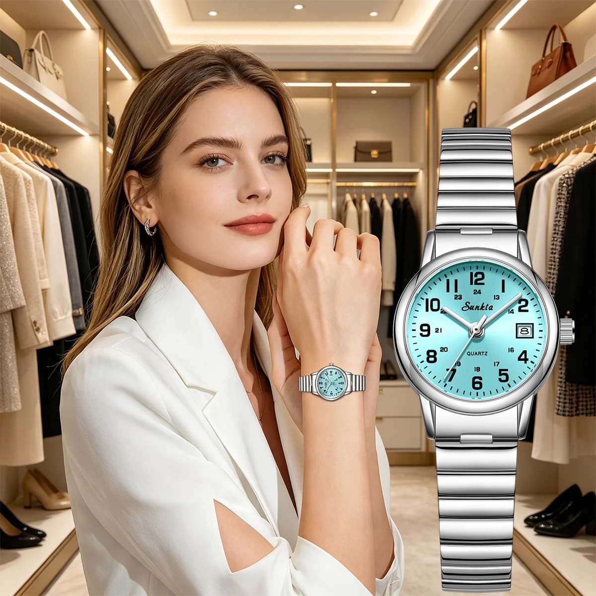 SUNKTA Elegante Orologio da Polso da Donna, Impermeabile, alla Moda, con Bracciale in Acciaio Inossidabile di Lusso, Reloj Mujer