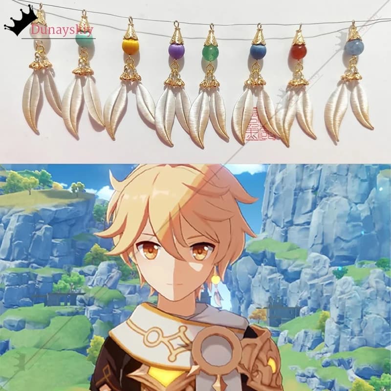 YiNuo*/YGenshin Impact The Traveler Aether Cosplay Wig New Skin Lighted Earrings Aether Halloween Woman Prop