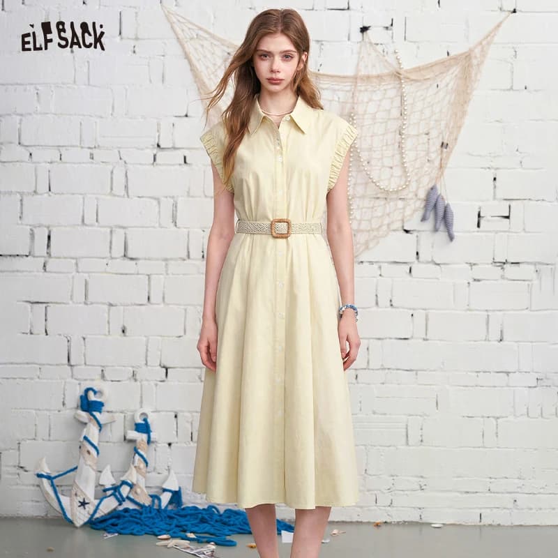 ELFSACK Elegante abito polo, abito midi con risvolto e cintura in vita, abito estivo per outfit casual da ufficio da donna