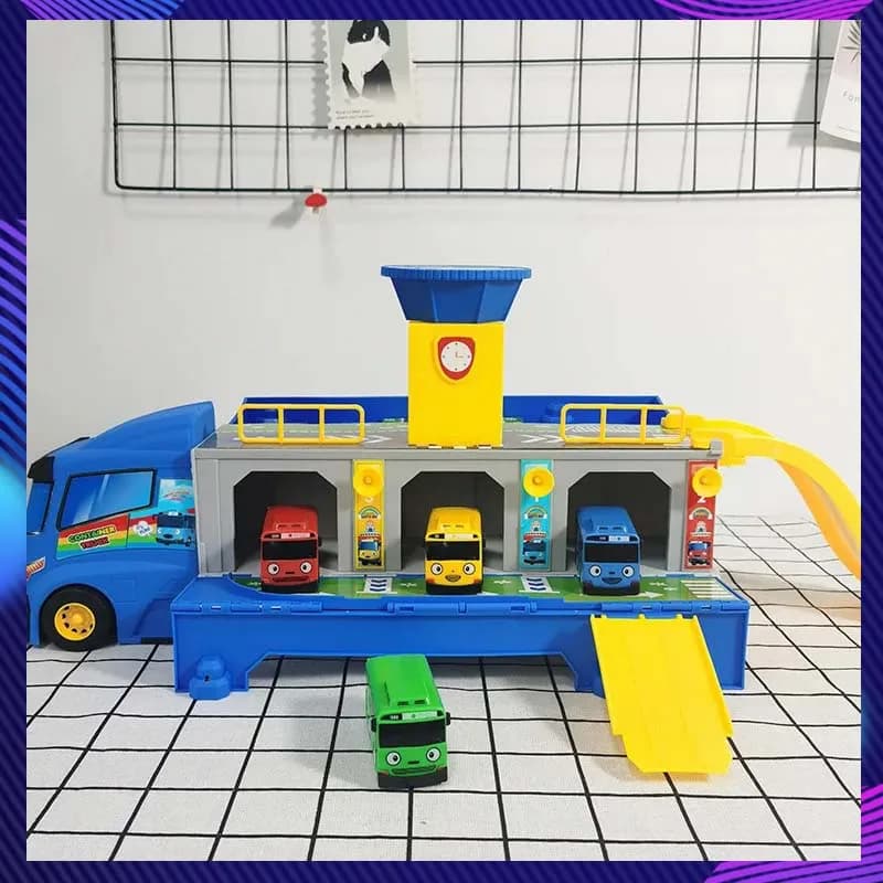Camion Giocattolo Cartoon The Little Bus con Container, Box di Stoccaggio e Parcheggio con 3 Mini Auto a Retrocarica, Decorazione da Scrivania, Regalo di Compleanno
