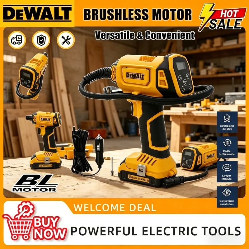 Compressore d'Aria Elettrico Portatile Dewalt con Manometro Digitale, Ricaricabile Senza Fili per Pneumatici Auto e Moto