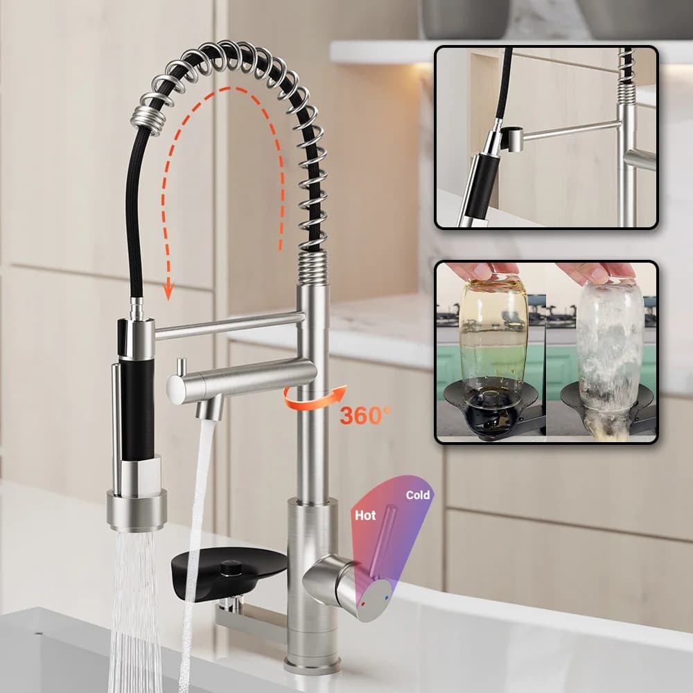 Rubinetti da cucina moderni a molla 3 in 1 con rondella per tazze Doppia maniglia Depuratore d'acqua Rubinetto per lavello da cucina Rubinetti miscelatori estraibili a caldo freddo rubinetto cucina lavello