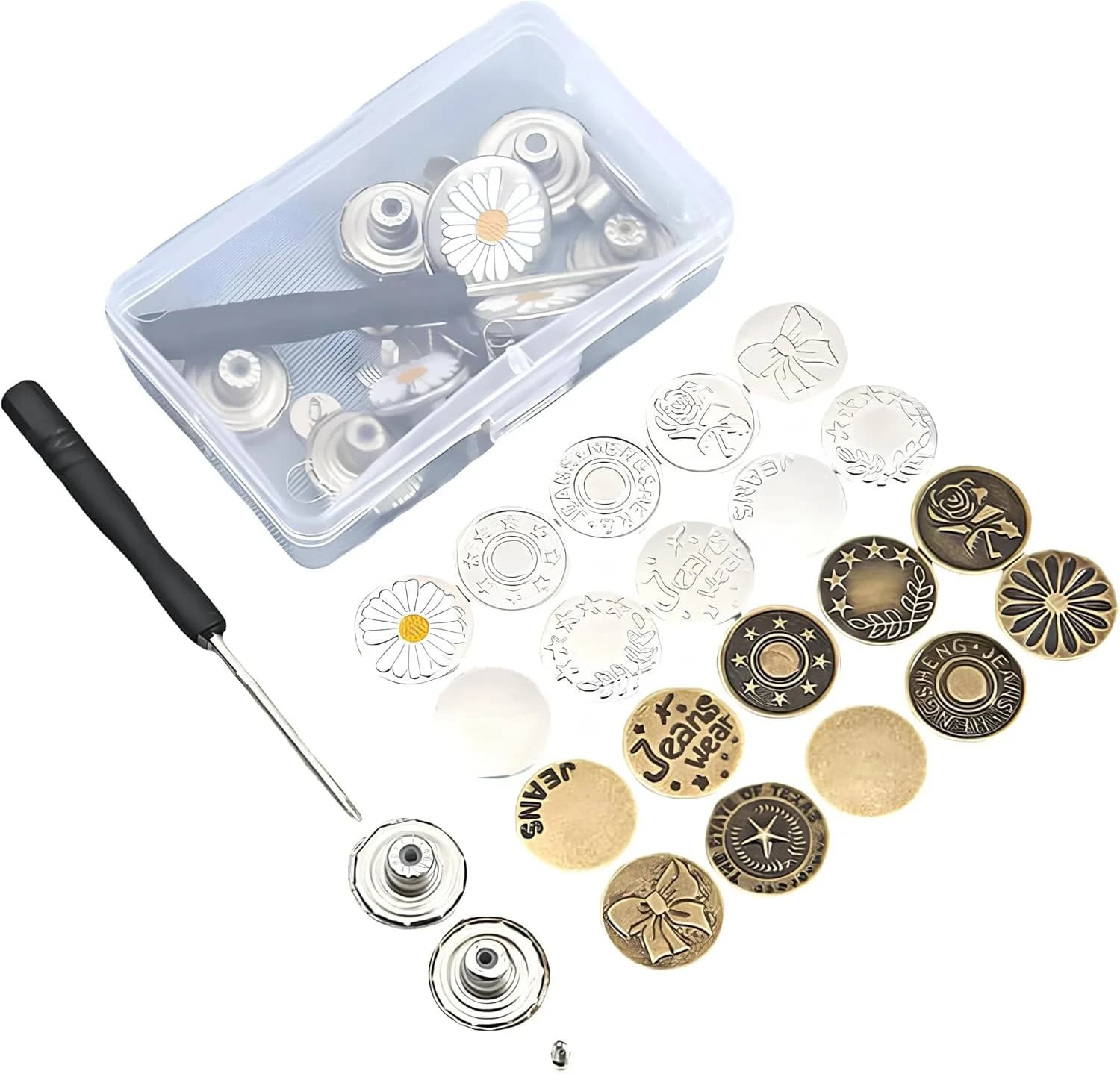 No-Sew Removable Metal Denim Buttons 20 Sets 0.67 Inch, Jeans Repair Snap Button Kit Equipped with Rivets, Thread, Screwdriver & Storage Case for Pants Jackets