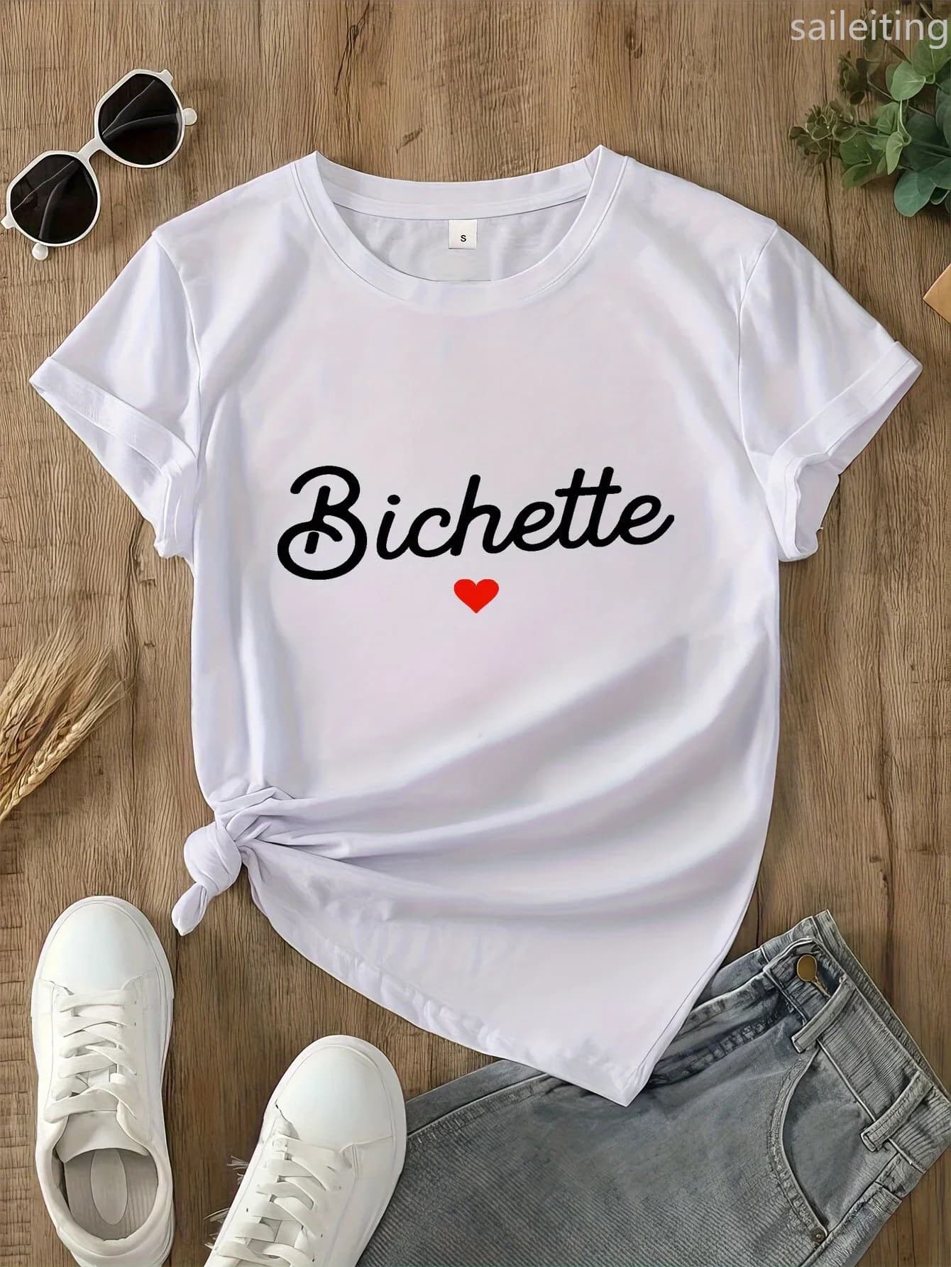 Women's casual round leader T-shirt Bichette text and heart-shaped pattern printed fashionable versatile women's T-shirt