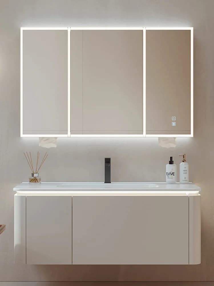 Bagno nuovo mobile a specchio intelligente lavabo integrato in ceramica mobile da bagno ad angolo arrotondato gruppo WC lavabo a mano