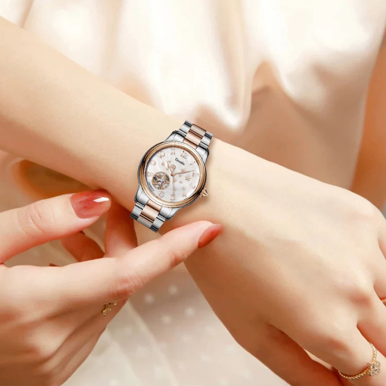 Orologio meccanico automatico da donna Deesio, quadrante scheletrato con cielo stellato, cinturino in acciaio inossidabile, orologio elegante impermeabile 50M, regalo per lei