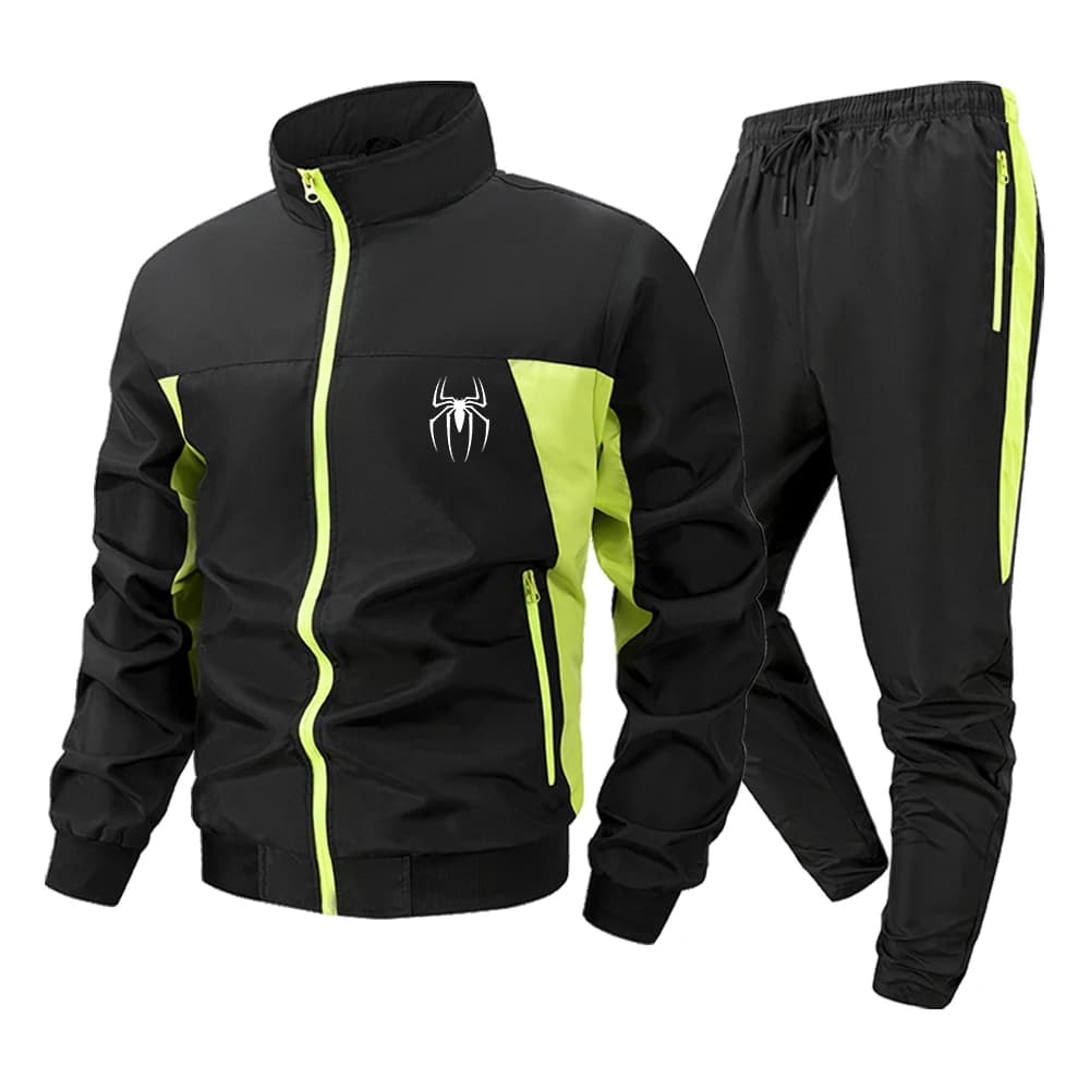 Men's Tracksuit 2 Piece Set Sportswear Spider Pattern Print Colorblock Zip Up Jacket and Jogger Pants Sweatsuit for Gym Training
