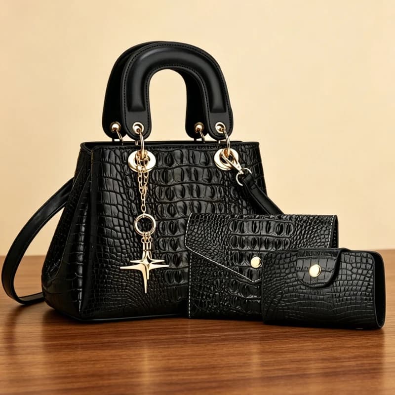 3-piece women's bag set, compact and lightweight crocodile-embossed square handbag, stylish versatile shoulder