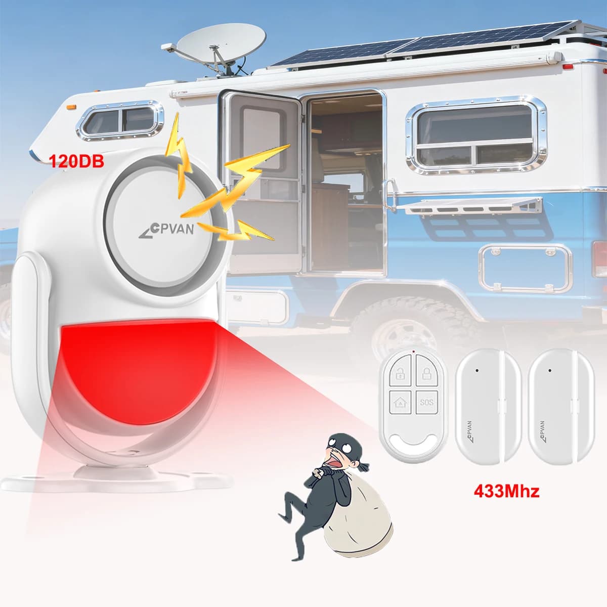 Alarm with CPVAN Movement Sensor, Internal Security Detector, 120DB Allert System for Camper Protection and Travel Vehicles