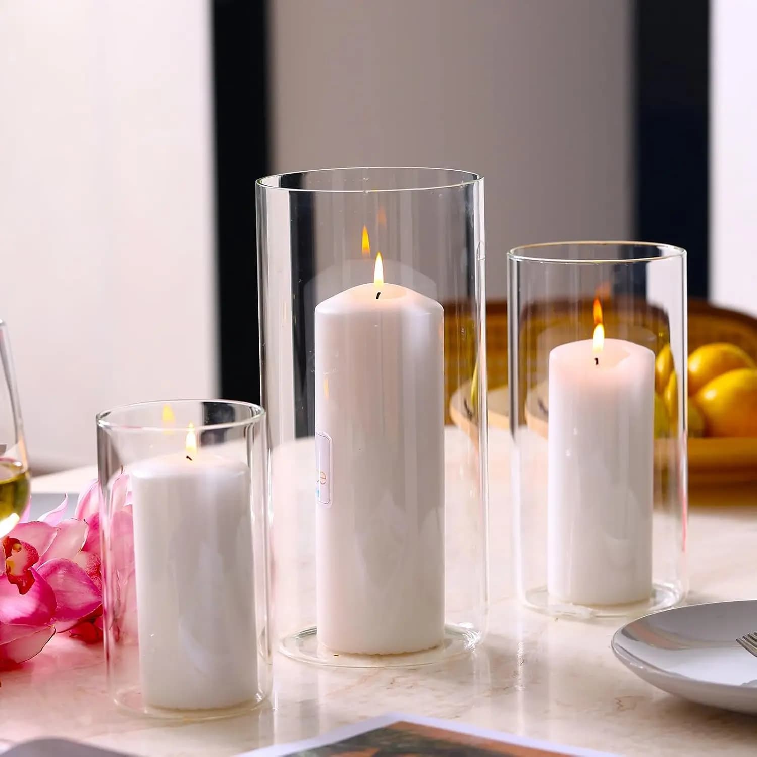 Portacandele in Vetro Trasparente con Bolle, Set da 3 Pezzi per Centrotavola e Decorazione d'Interni