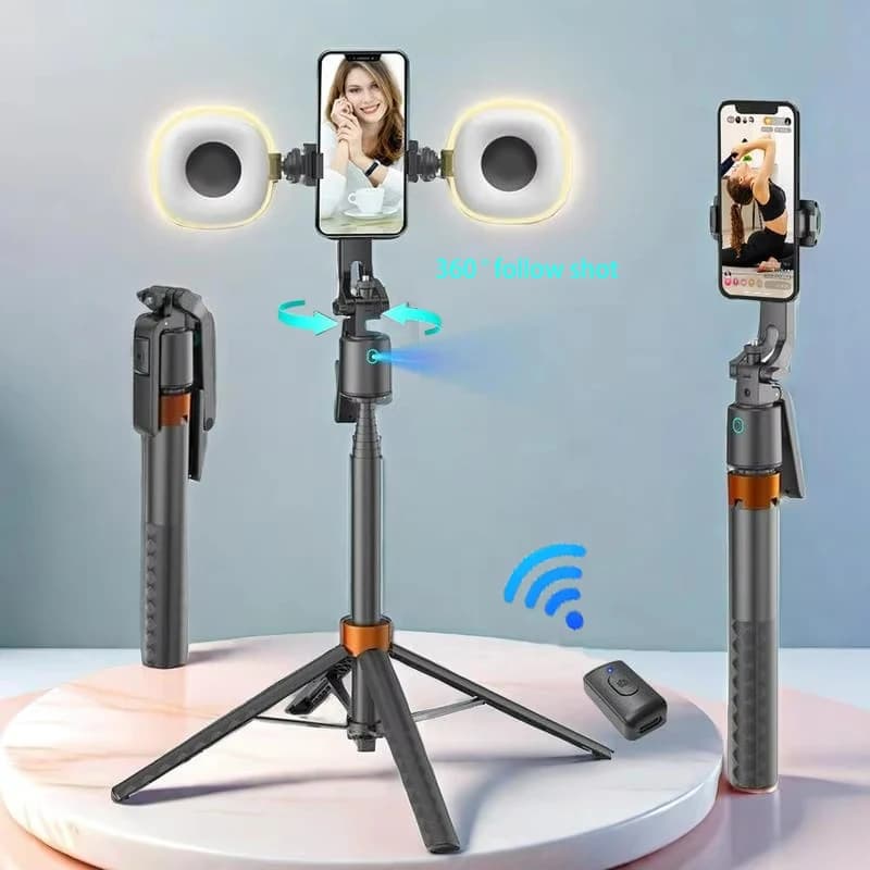 360 ° Treppiede per selfie rotante ricaricabile con tracciamento intelligente del volto e 2 luci di riempimento, supporto per telefono per live streaming e vlog