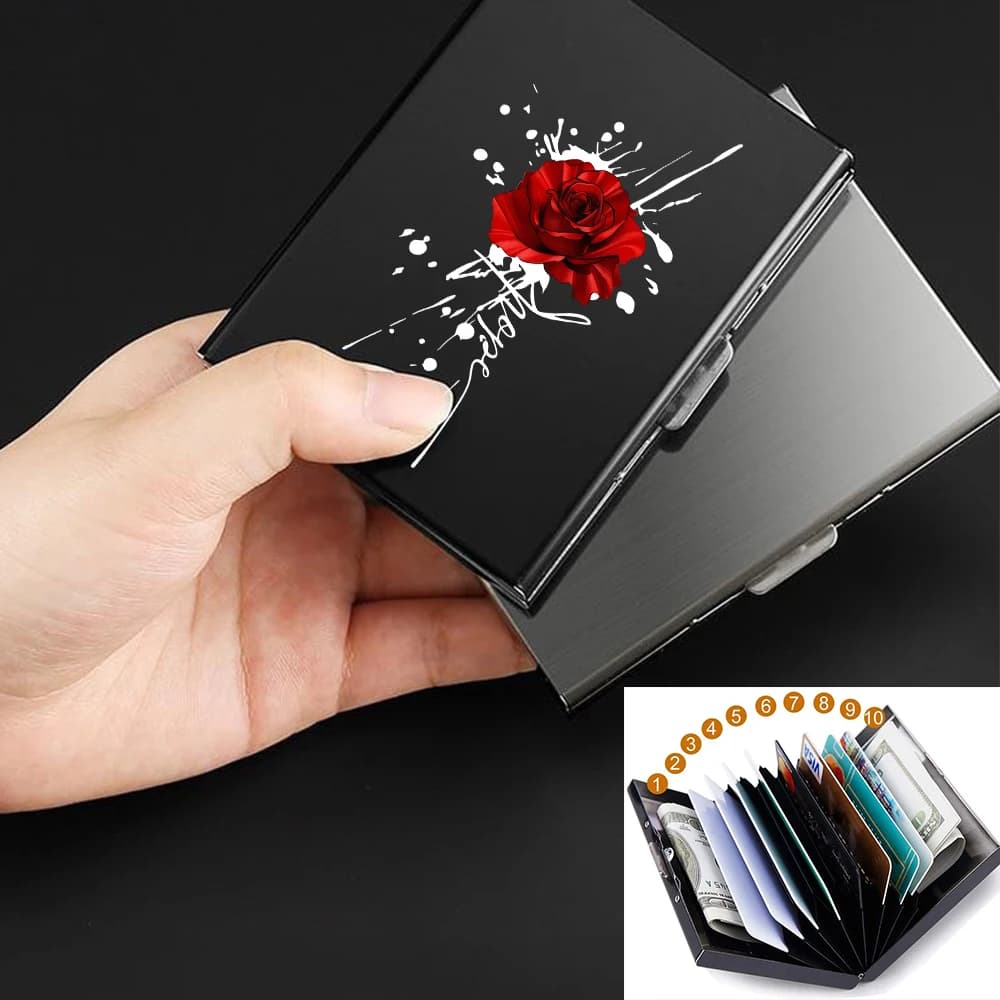 Loving Red Rose Anti-Scan RFID 10 carte Porta carte di credito in metallo di alluminio Blocco custodia a portafoglio Protezione per biglietti da visita