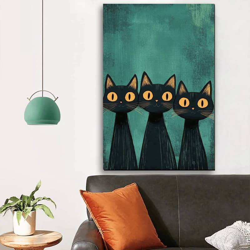 Tre gatti neri Poster e stampe Animali dei cartoni animati Pittura su tela Immagine di arte della parete per soggiorno Decorazioni per la casa Senza cornice