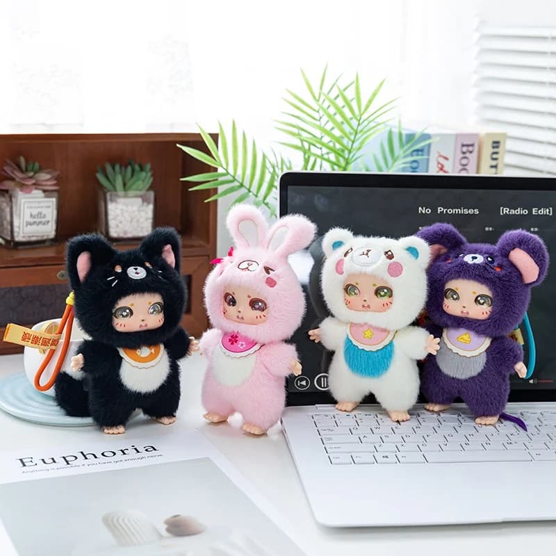 Simpatici animali in vinile con faccia di peluche, peluche ripiene popolare, coniglio, gatto, orso, topo, giocattolo con ciondolo, regalo per gli appassionati di animali