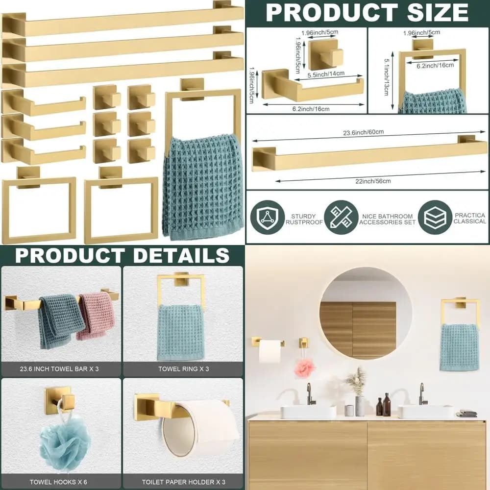 Set di accessori per il bagno in acciaio inossidabile con 15 pezzi, kit portasciugamani da 23,6 pollici, portasciugamani per bagni moderni