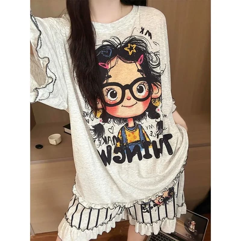 Nuovo Set Pigiama Casual per Ragazze Adolescenti, Maniche Corte e Pantaloncini, Due Pezzi con Personaggi dei Cartoni Animati, in Modal, Abbigliamento da Casa per Donne