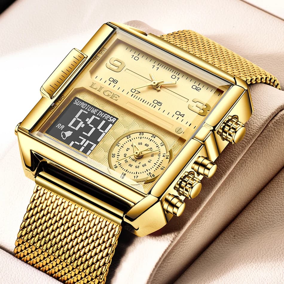 LIGE 2026 Orologio da Donna alla Moda con Doppio Display, Marca di Lusso, Design Creativo Quadrato, Orologio Casual Dorato, Relogio Feminino